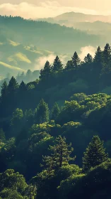 Misty Forest Valley Layered in Golden Atmospheric Haze.