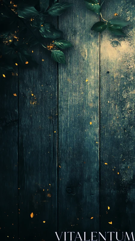 Midnight garden leaves over moody wooden planks.