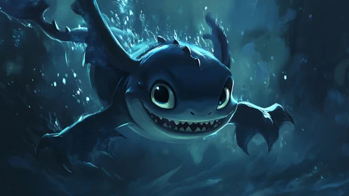 Playful baby dragon dives through glowing blue water worlds