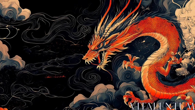 Fiery red dragon coils through storm clouds in night sky.