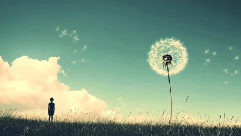Child gazes at glowing dandelion beneath a pastel sky.