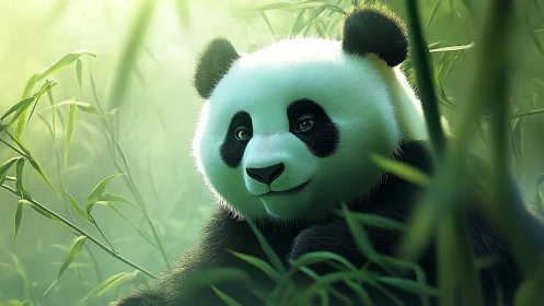 Digitally rendered giant panda among dense bamboo foliage.