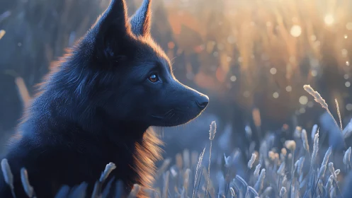 Black dog gazes toward sunrise in frosted meadow glow.