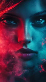 Dual toned female face in red and blue atmospheric light.
