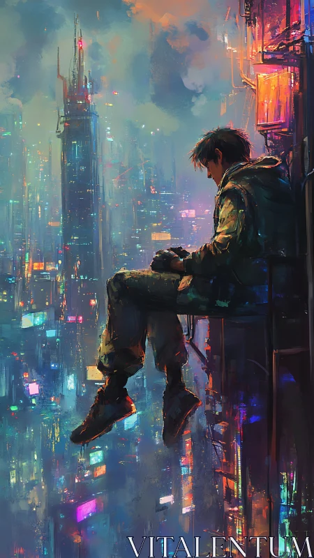 Solitary skyledge dreamer watches neon storms drift below