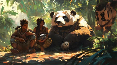 Jungle squad rests with armored pandas and tiny cub scouts.