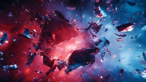 Shattered Heart in Vivid Red and Blue Abstract Digital Art.