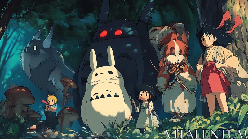 Ensemble of forest spirits and children rendered in high-key anime lighting