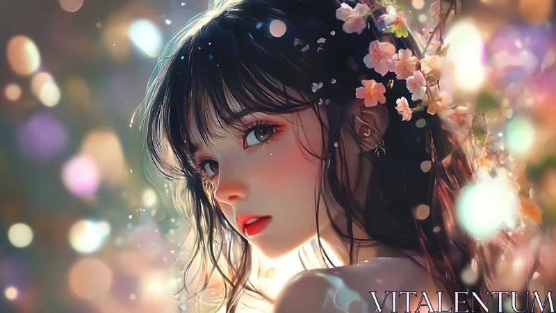 Blossom‑crowned gaze amid pastel bokeh twilight dreamscape.