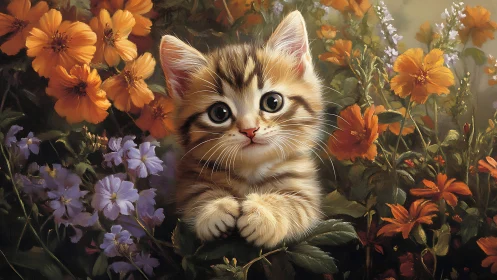 Kitten surrounded by orange and purple wildflowers in garden setting