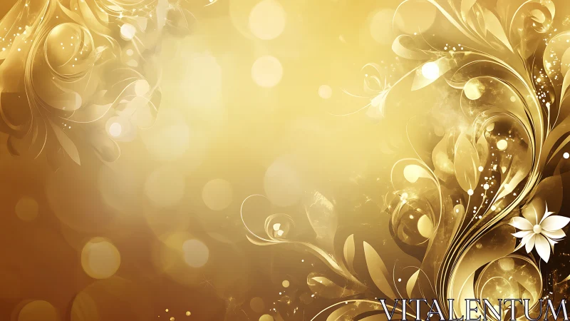 Golden floral swirls with glowing bokeh light field.