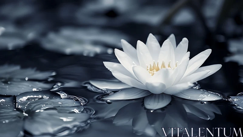 Monochrome-toned white water lily macro on reflective pond