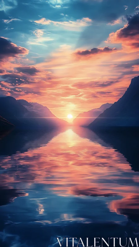 Vivid mountain lake sunset with mirrored glowing sky.