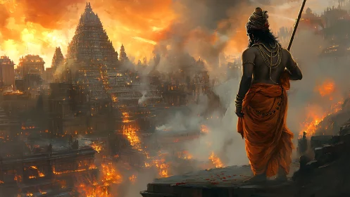Warrior overlooks burning temple city under stormed sky.