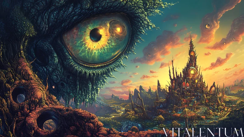 Colossal cosmic eye surveying a luminous alien citadel.