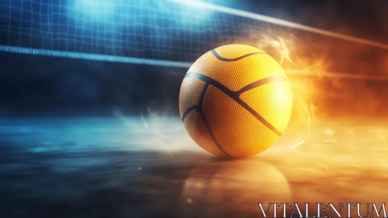 Glowing basketball blazes across court under dramatic arena lights