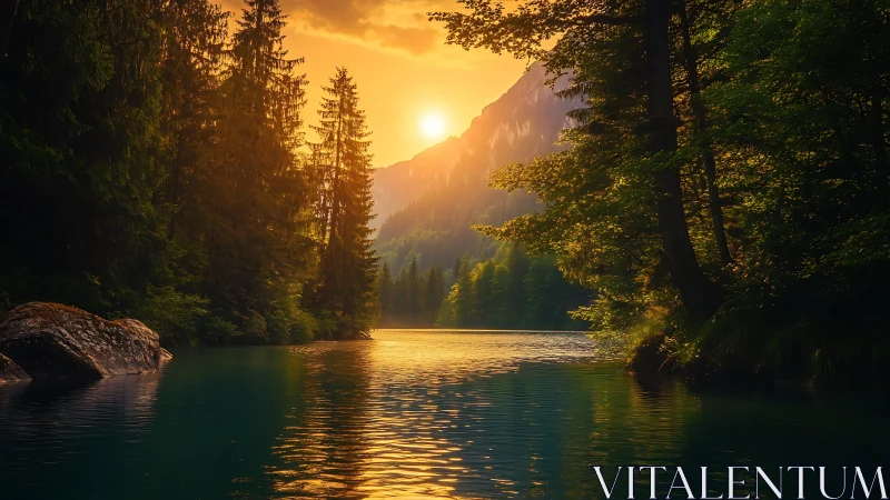 Sunlit forest lake beneath glowing mountain sunset.