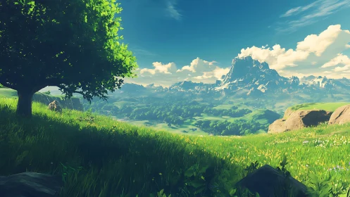 Grassy hillside overlooks distant stylized mountain range under sky