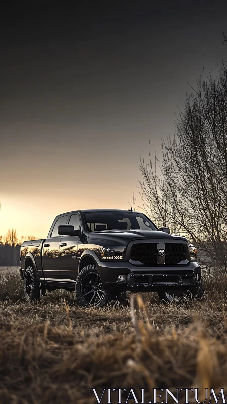 Lifted black pickup truck at golden hour in dry winter field