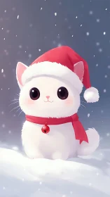 Snowy holiday kitten with bright eyes and jingle bell charm.