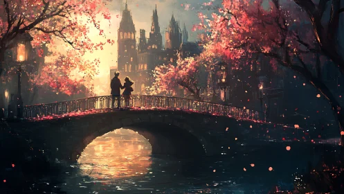 Digital painting of romantic bridge at dusk with autumn bloom.