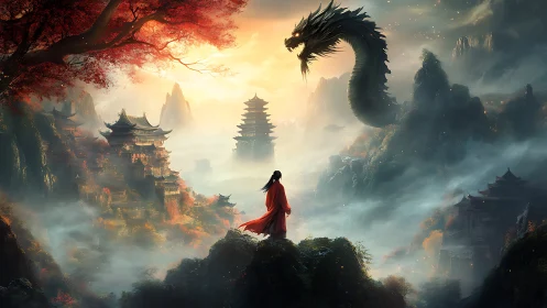 Red-robed dreamer bargains with a dawnlit mountain dragon