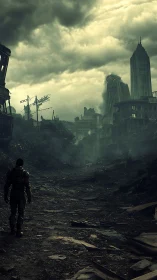 Lone wanderer negotiates a broken city of tilted giants