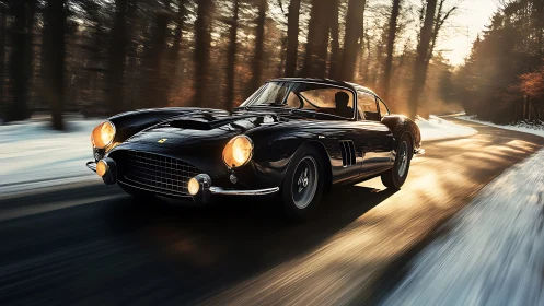 Classic black sports car powers through a sunlit winter road.