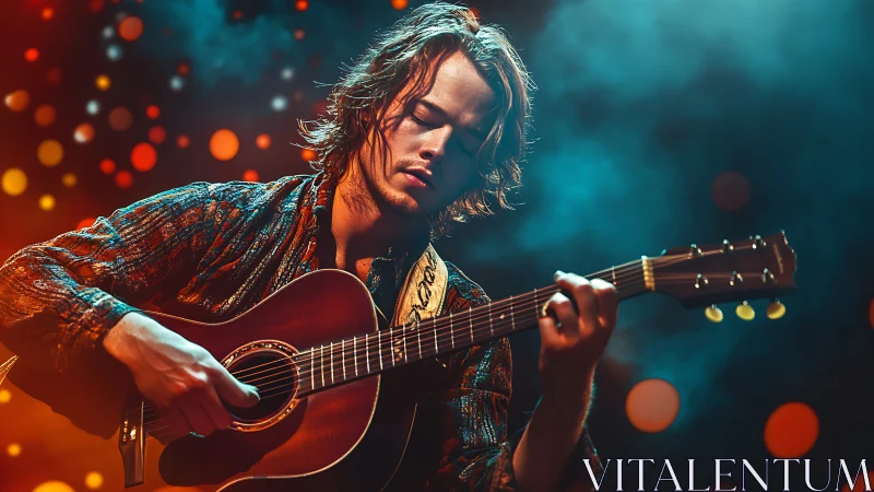 Soft stage glow around a guitarist lost in quiet rhythm.