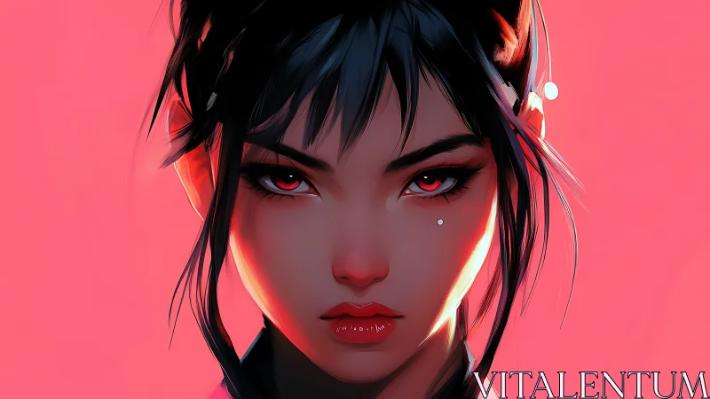 Digital portrait shows intense woman with glowing red eyes