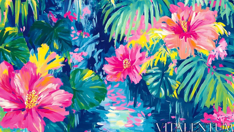 Vibrant impasto tropical hibiscus and foliage over water