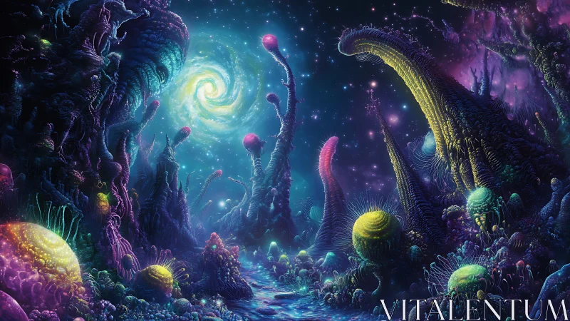 Bioluminescent alien forest under swirling cosmic sky.