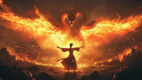 Fiery dragon spirit meets lone hero in a blazing showdown.