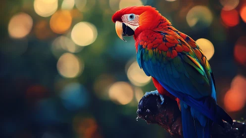 Vibrant Scarlet Macaw on Branch with Soft Bokeh Background.