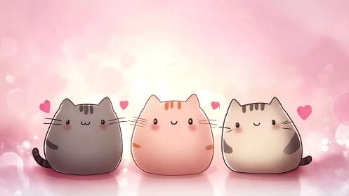 Three Cute Cats with Hearts on Soft Pink Gradient Background