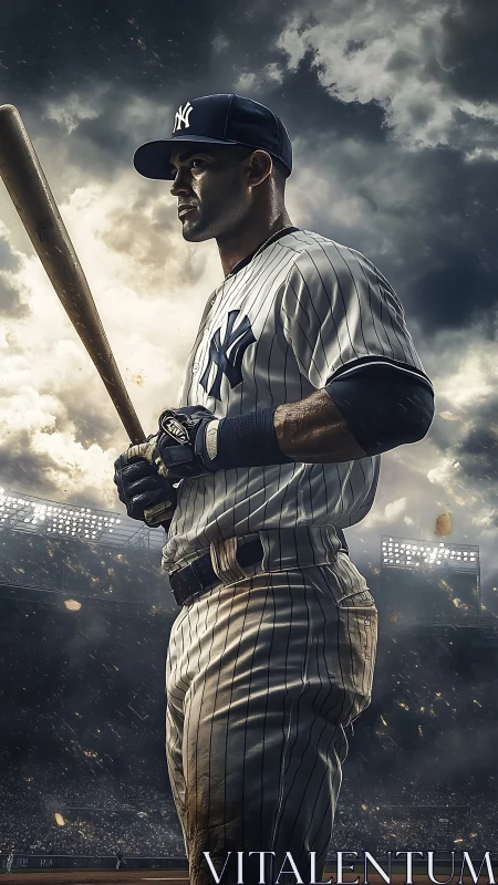 Baseball batter in pinstripes under dramatic stadium sky.