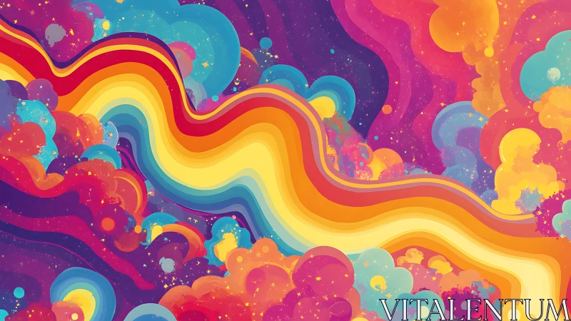 Pulsing rainbow river through cosmic neon cloudscape.