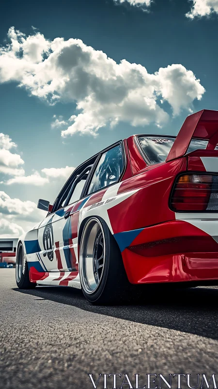 Trackside thunderbolt coupe under drifting cotton clouds.