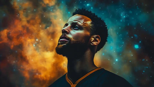 Cosmic-lit basketball portrait with nebular chromatic backfield.