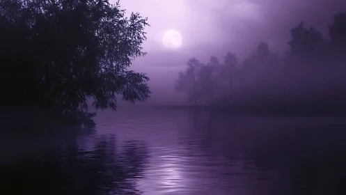 Monochromatic violet lakeside nocturne with diffused lunar backlight