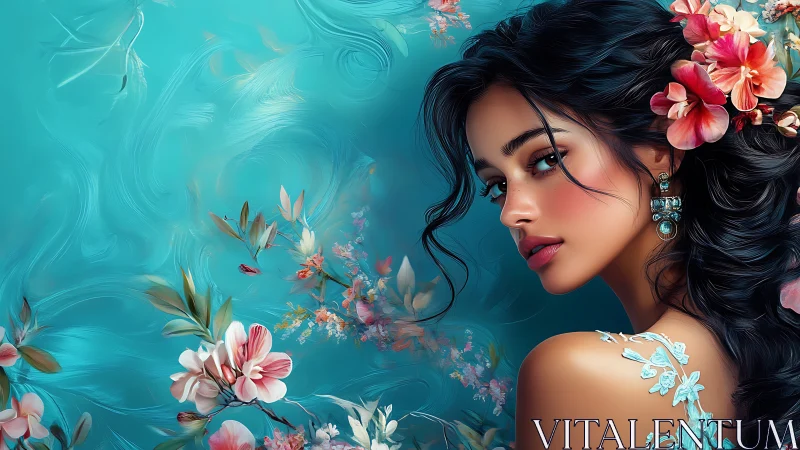 Floral portrait shows turquoise backdrop framing elegant woman