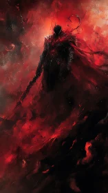 Silhouetted armored figure in red-black swirling environment.