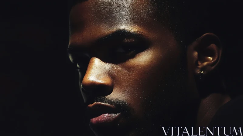 Midnight side‑lit gaze carving a portrait from darkness.