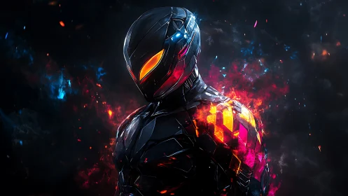 Armored futuristic cyborg hero in glowing firestorm scene.