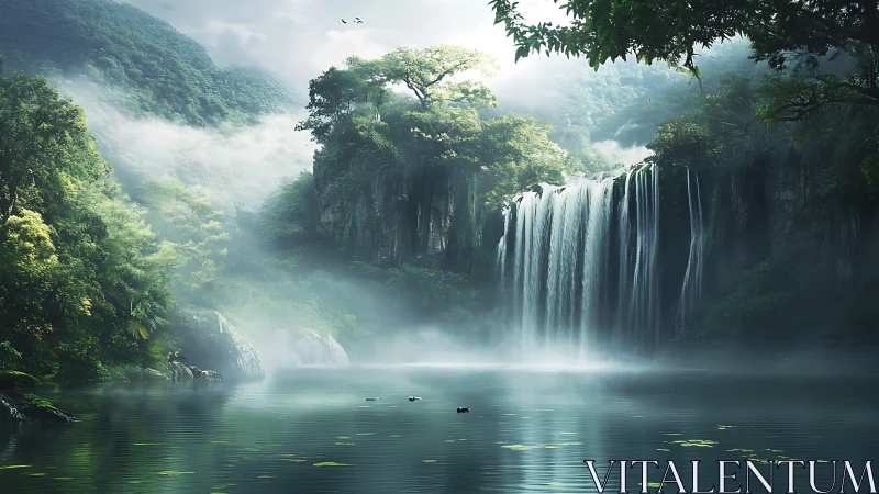 Misty jungle waterfall cascades into tranquil emerald lagoon.