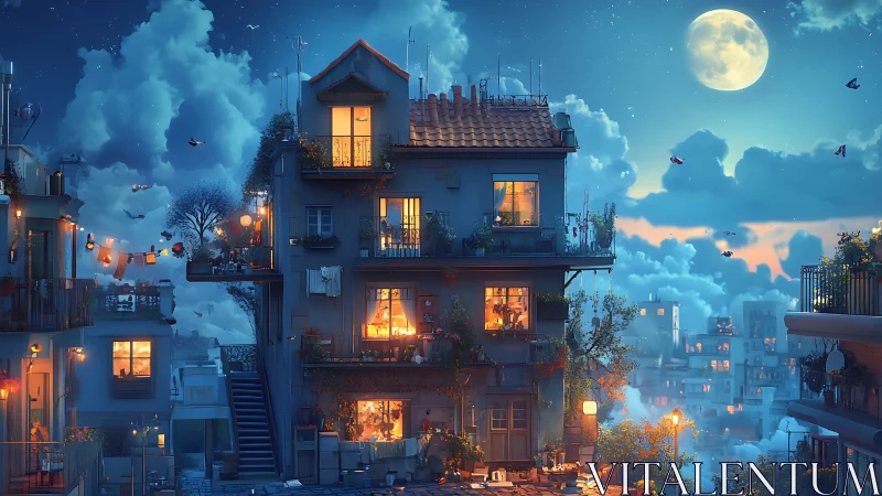 Cozy moonlit apartment block floating in a dreamy sky.