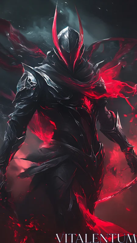 Shadow-clad dark knight strides through swirling crimson flame