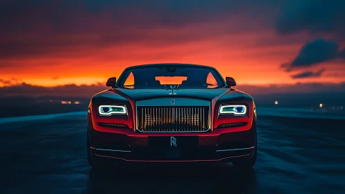 Front view red luxury coupe under vivid sunset sky.