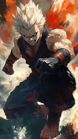 Fierce white‑haired fighter dives through roaring painted fire.
