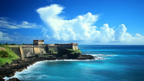 Coastal fortification structure on rocky promontory overlooking ocean waters.